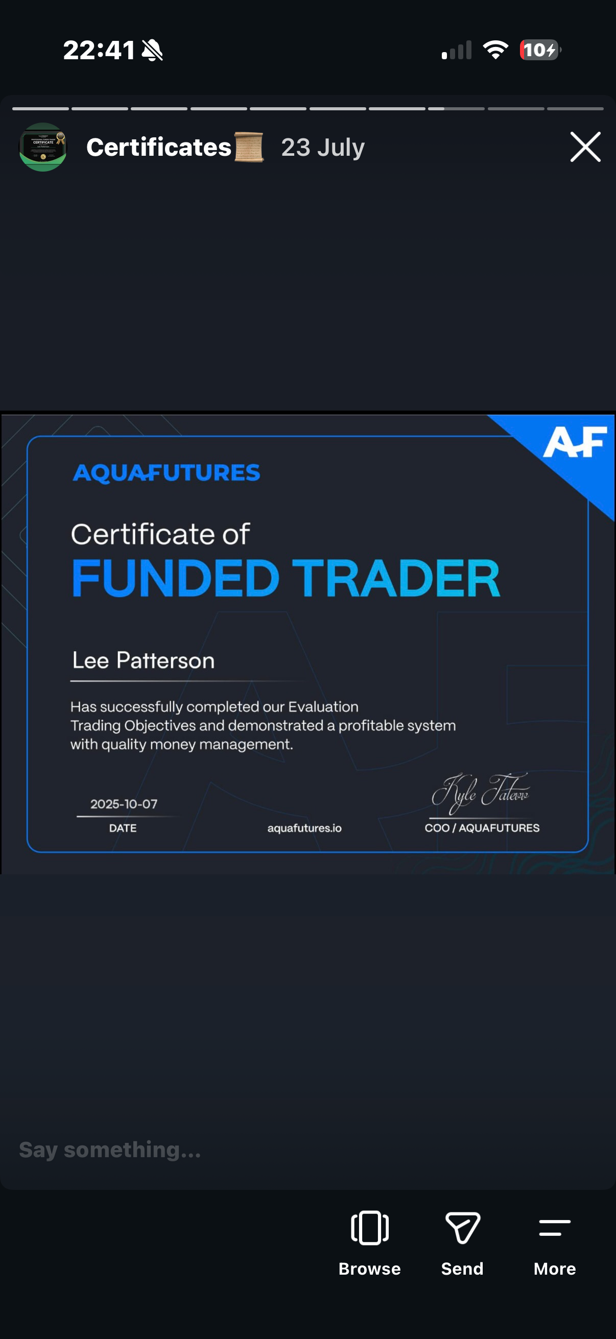 AquaFutures funded trader certificate awarded to Lee Patterson