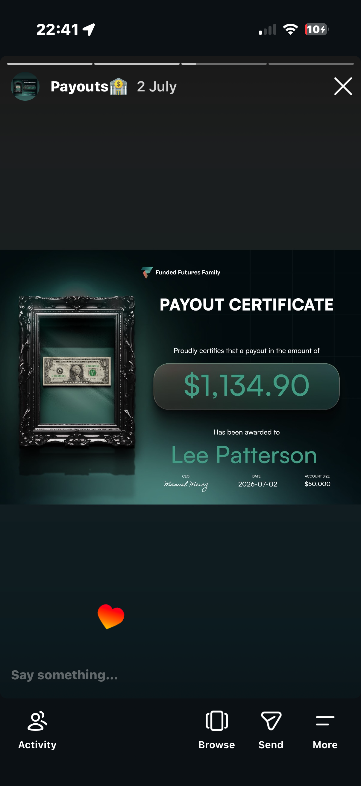 Funded Futures Family payout certificate awarded to Lee Patterson for $1,134.90