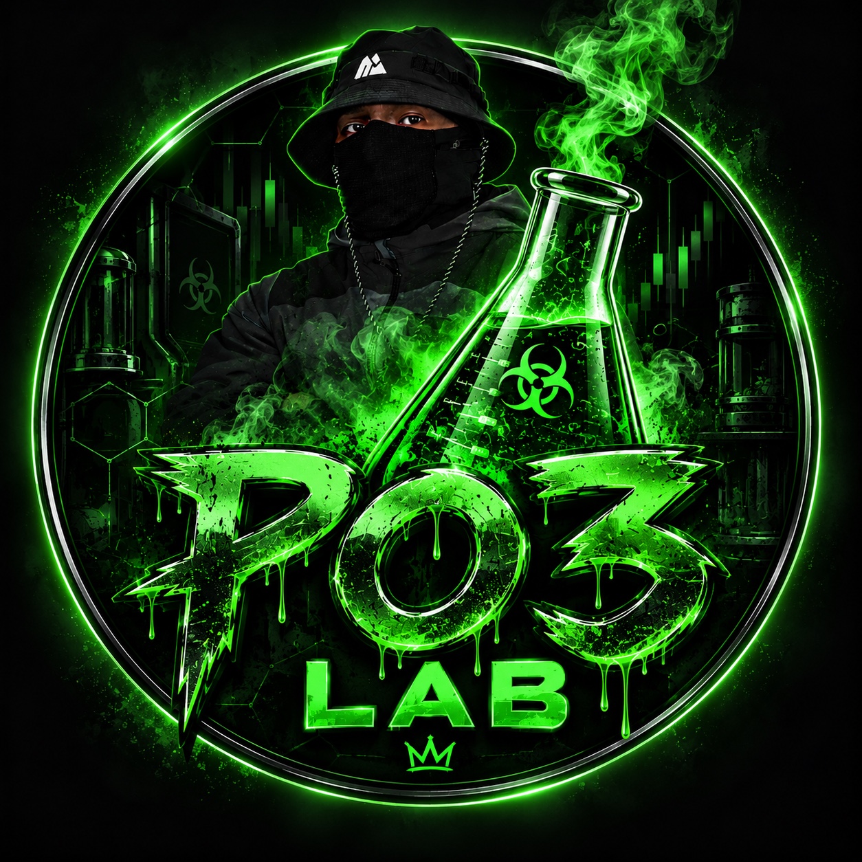 PO3 Lab masked trader and neon laboratory emblem